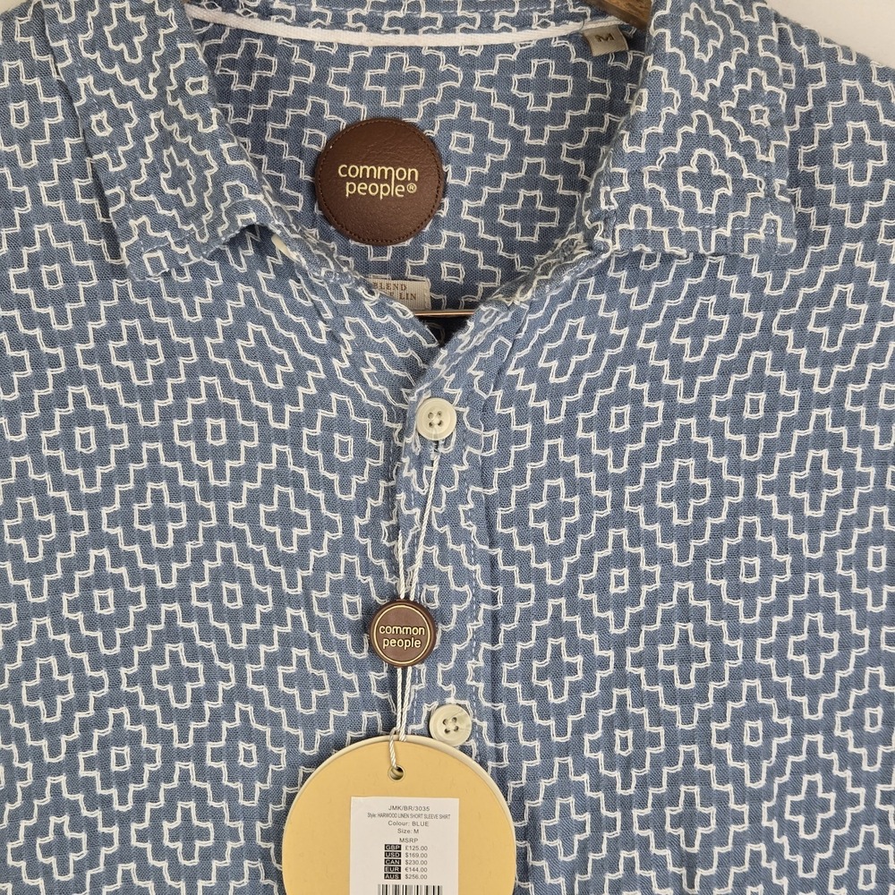 Common People Men's Textured Linen Blend Shirt Blue Geometric Embroid Size M NWT - Picture 3 of 11